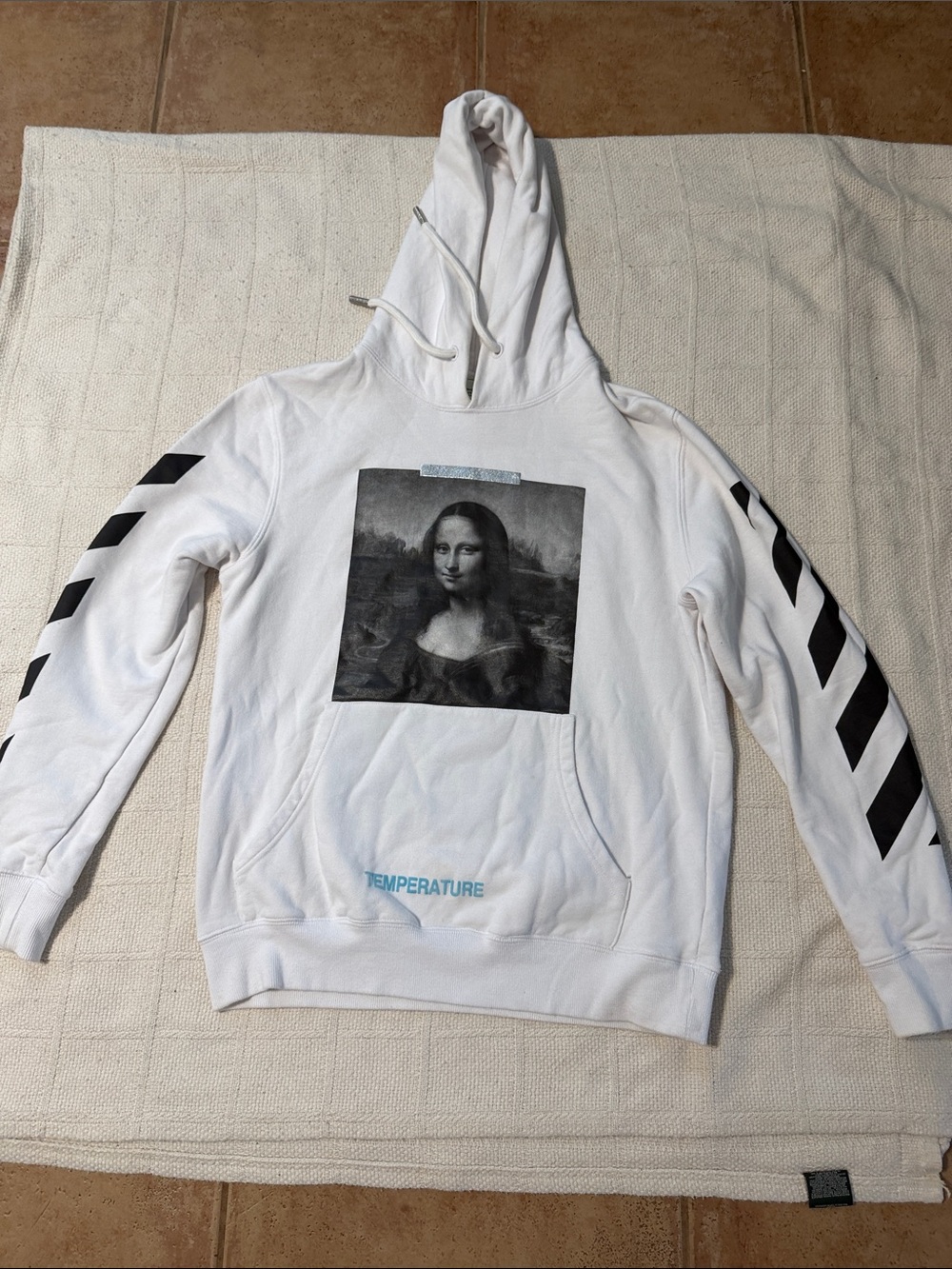 Off-White White Hoodie with Black Sleeve Chevrons and Mona Lisa Print